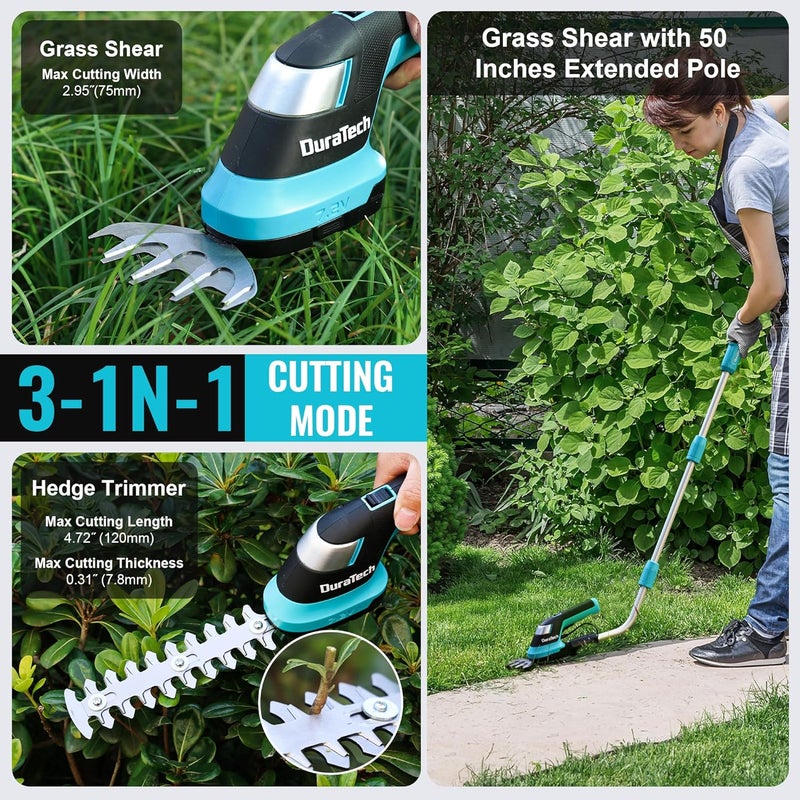 DURATECH Cordless Hedge Trimmer, 7.2V 3-in-1 Handheld Electric Grass Trimmer & Hedge Shears with 50" Wheeled Extension Pole, USB Type-C Cable and Built-in Li-ion Battery, for Garden, Yard and Lawn - Image 3